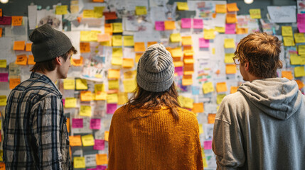 Back view of colleagues collaborating around a digital whiteboard brainstorming ideas planning projects and sharing insights in a modern office environment symbolizing teamwork creativity and innovati