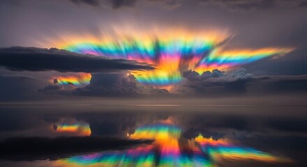Naklejka premium Breathtaking Iridescent Clouds Reflecting Vibrant Rainbow Colors on Calm Water Surface at Dusk