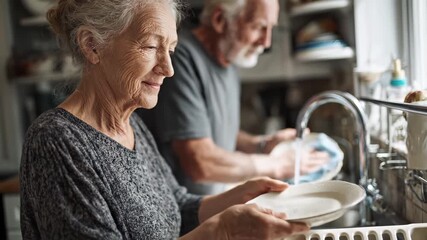 Senior couple washing dishes at kitchen together. Elderly woman cleaning plate carefully. Man drying dishes with towel. Active retirees doing household chores. - Powered by Adobe