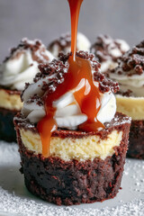 Fictional decadent Loaded Brownie Cheesecake Muffin with fudgy brownies, heavy whipped cream, drizzled caramel sauce and chocolate ganache. Concept of simple desserts for kids, holidays, menus. 
