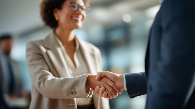 Handshake of business professionals at office gathering faceless young woman and man defocused meeting background professional agreement moment corporate greeting scene busine - Powered by Adobe
