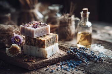 Aromatic Handmade Soap Bars with Dried Flowers and Essential Oil in a Rustic Setting