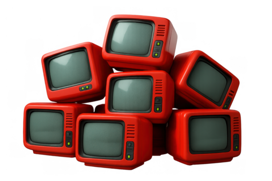 Stack of retro red televisions showing vintage media broadcasting concept, old electronic entertainment technology