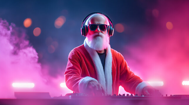 DJ Santa Claus mixing tracks in a nightclub at a Christmas and New Year party or Corporate events. Senior disc jockey as Santa listening music, headphones, laptop, mixer controller player, turntable.