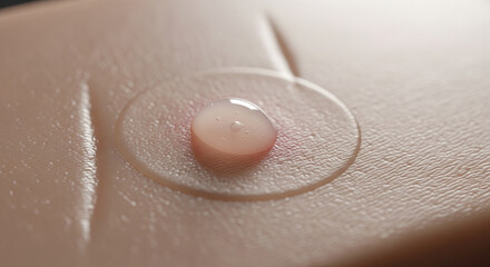 Extreme close-up of a clear, slightly pinkish drop of liquid, likely a serum or treatment, resting on a beige skin-like surface, possibly simulating a patch test or targeted application