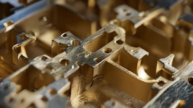 Medium shot capturing the detailed structure of a brass sprue with varied flow path shapes illustrating innovative casting optimization techniques