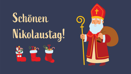 St Nicholas Day Greeting with Bishop and Boots Cute Vector Illustration for German Holiday Celebration Banner