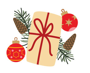 Christmas Gift with Pine Cones and Ornaments Festive Vector Illustration for Holiday Cards and Wrapping Designs