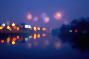 Blurred midnight fireworks reflection on water, minimal surreal cityscape, glowing lights, dreamy atmosphere, night celebration, colorful bokeh, peaceful mood