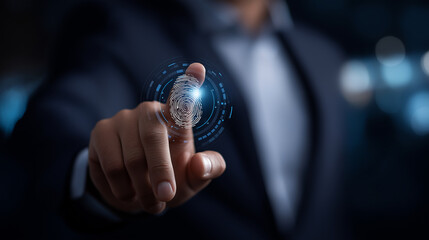 Biometric security specialist holding global industry protection symbols faceless professional defocused digital background fingerprint facial iris verification authentication