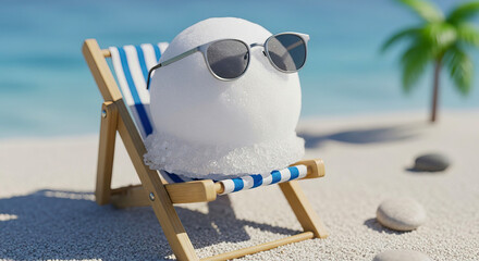 Obraz premium Cool snowball wearing sunglasses relaxing in beach chair under palm tree on summer vacation day