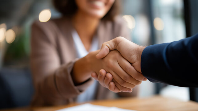 Couple meeting financial advisor at residence faceless clients and consultant defocused home background handshake agreement moment finance insurance advice property investment