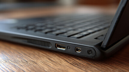 Close-up of a laptop corner, highlighting sleek edges, smooth metallic finish, minimal design, and precise craftsmanship in a modern, clean tech aesthetic.