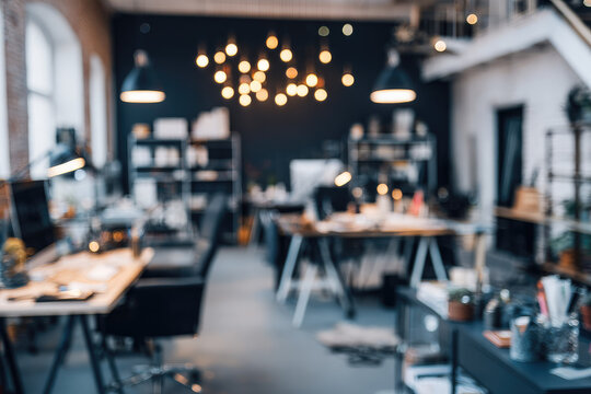 Defocused coworking space with warm lighting modern furniture creative atmosphere industrial style open layout blurred background relaxed mood contemporary office