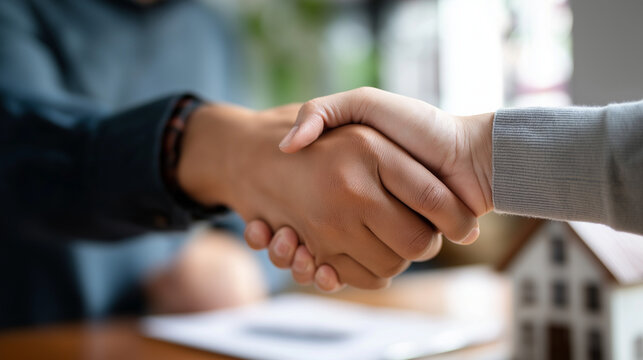 Couple meeting financial advisor at residence faceless clients and consultant defocused home background handshake agreement moment finance insurance advice property investment