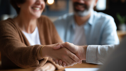 Couple meeting financial advisor at residence faceless clients and consultant defocused home background handshake agreement moment finance insurance advice property investment