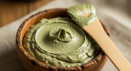 A rustic wooden bowl filled with a thick, smooth green clay or mud face mask, with a wooden applicator or spatula resting on the surface