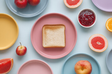 Naklejka premium Toast on pink plate surrounded by colorful plates fresh fruit grapefruit apple plum orange and bowl of jam creating cheerful breakfast scene