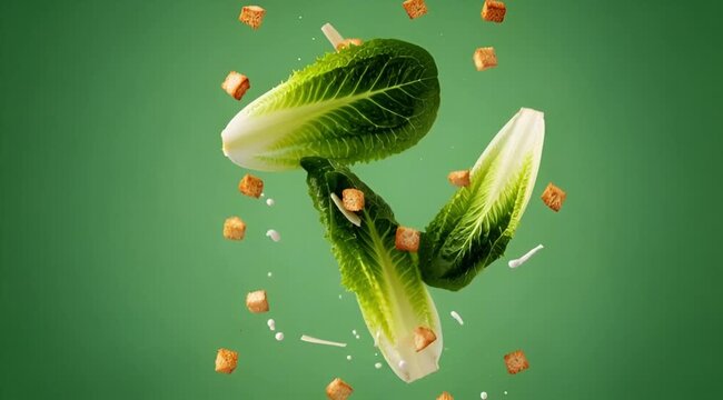 Caesar Salad falling on green screen 