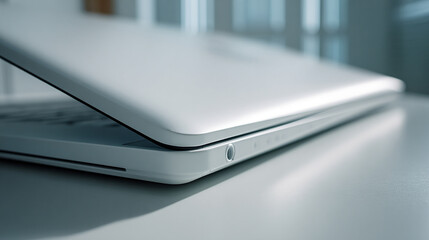 Close-up of a laptop corner, highlighting sleek edges, smooth metallic finish, minimal design, and precise craftsmanship in a modern, clean tech aesthetic.