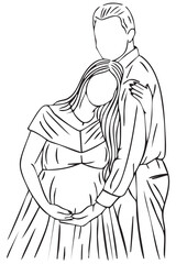 Pregnant Couple Silhouette Vector — Emotional Black Line Illustration of Expecting Parents in Loving Embrace