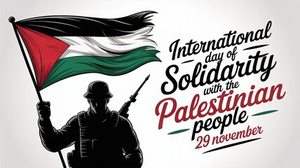 Black silhouette soldier, Palestinian banner, observance day image.​