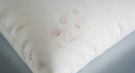 Extreme close-up of a white pillow with a light, reddish-brown stain, possibly from makeup, foundation, or hair product residue, indicating beauty sleep issues, laundry, or hygiene concerns