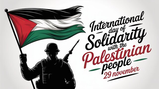 Black silhouette soldier, Palestinian banner, observance day image.​