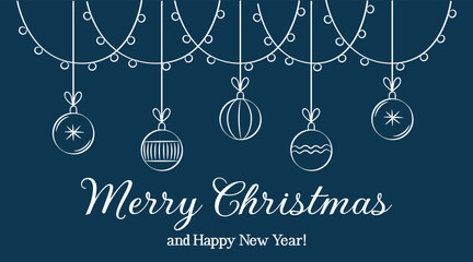 Merry Christmas and a Happy New Year. Doodle-style card or banner. Blue background.