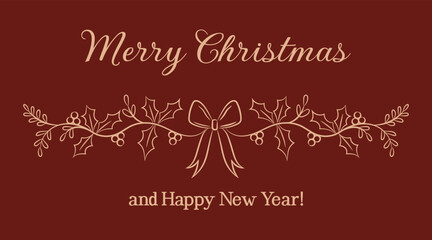 Elegant Christmas card in doodle style decoration. Gold and red color. Merry Christmas and a Happy New Year - inscription. 