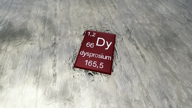 Dysprosium periodic table symbol on raw dysprosium, a rare earth element, terbium periodic table symbol on the raw material dysprosium, a rare earth element. Critical raw materials. 3D rendering.
