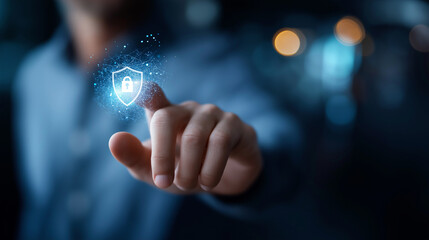 Secure data network protected by confident cybersecurity professional faceless specialist defocused digital background information protection expertise network security