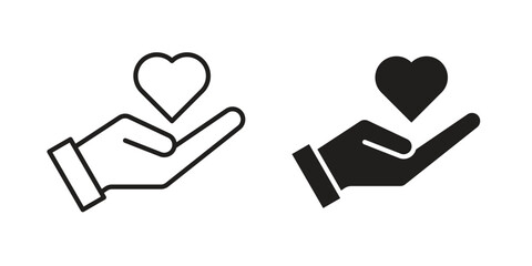 Hand holding heart icon pictogram in trendy outline style. icon, sign or symbol.