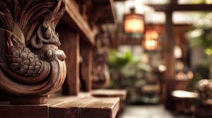 Fototapeta premium Exquisite Craftsmanship: Intricate Wood Carving in a Tranquil Garden Setting