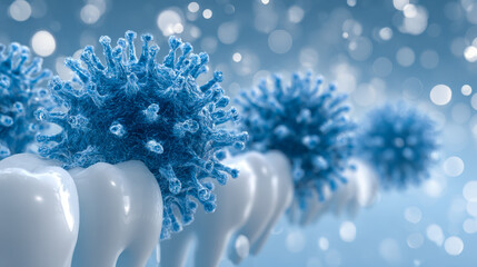 3d representation of a virus particle interacting with smooth white surface structures under soft blue lighting and bokeh effect in the background