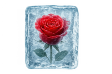 Red rose frozen in ice cube, preserving beauty and love, symbolizing longevity and enduring passion on transparent background