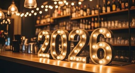 Celebrating the year 2026 with illuminated numbers in a bar setting