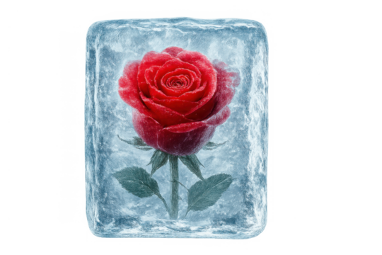 Red rose frozen in ice cube, preserving beauty and love, symbolizing longevity and enduring passion on transparent background