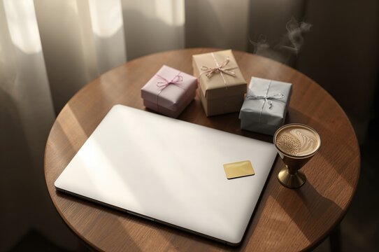 Minimalist morning workspace scene with laptop, pastel gifts, and steaming ceramic coffee
