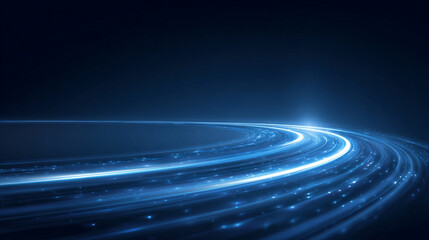 Fototapeta premium Twisting neon light waves swirl along a magical road, forming bright vector spirals, glowing beams, and futuristic curves in a luminous, abstract blue background.