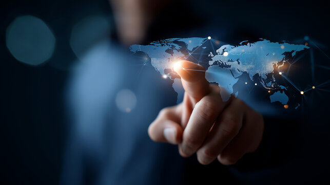 Technician engaging virtual interface displaying worldwide technical assistance network defocused digital background troubleshooting visualization remote diagnostics