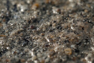 Wet granite surface caught shimmering softly as mineral specks glow under gentle ambient light