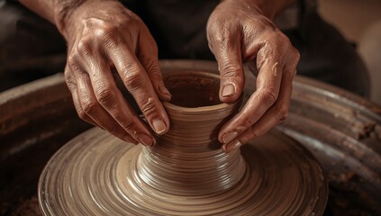 Warm natural light reveals skilled hands shaping wet clay into a growing vessel