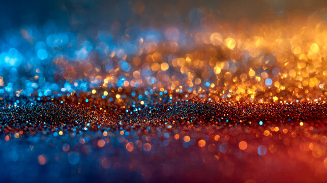 Vibrant sparkling particles illuminated by contrasting blue and warm golden light create a mesmerizing abstract background full of colorful bokeh effects and glowing