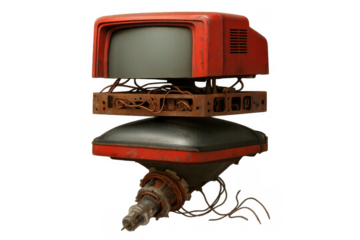 Retrofuturistic robot head with crt screen and exposed wiring creating a vintage sci-fi, cyberpunk style