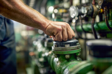 A technician adjusting a valve on a green industrial pipe system in a mechanical room with gauges and blurred background elements nearby