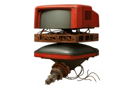 Retrofuturistic robot head with crt screen and exposed wiring creating a vintage sci-fi, cyberpunk style
