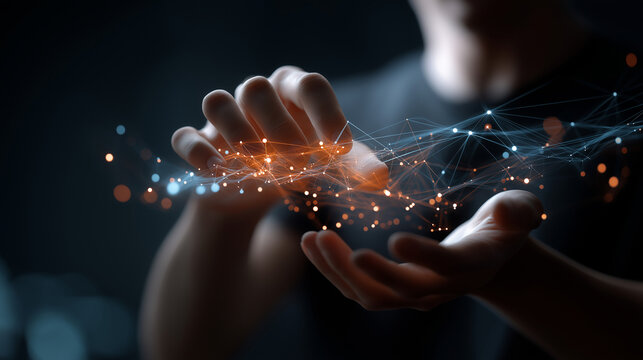 Hands manipulating illuminated data structures faceless operator defocused digital background complex system illustration technological advancement display computational