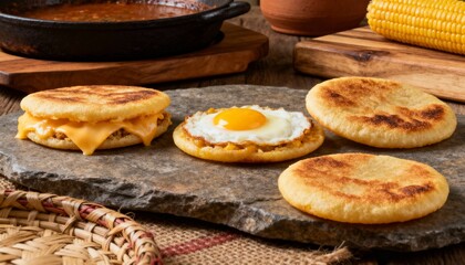 Colombian arepas in regional varieties with cheese, egg and plain corn styles in authentic cuisine