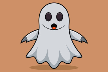 Obraz premium A cute cartoon ghost with big eyes and a wide smile floats happily on a warm brown background